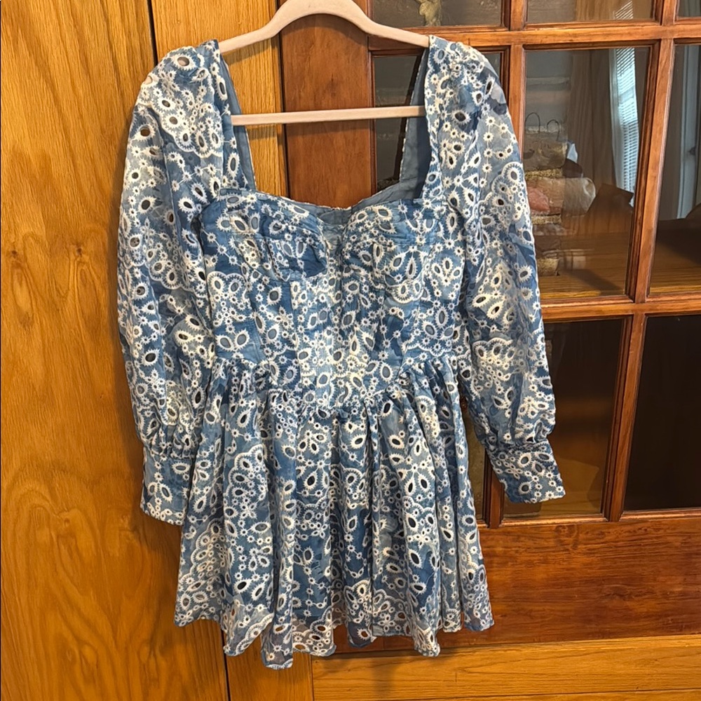 Blue and White Smocked Mini Dress with Puff Sleeves